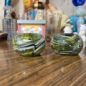 Green and White Swirled Glass Candle Holders Uranium Glowy Glass